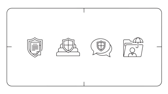 User protection icons set with shield, document, security badge, and chat support line art on white background