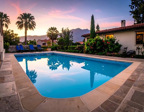 A serene backyard pool scene at sunset with a house and palm trees