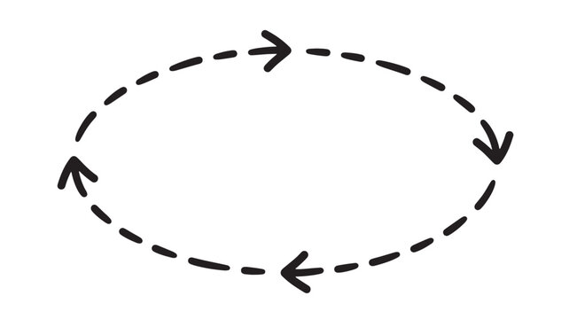 Clockwise arrow circle doodle icon with dashed segments and curved rotation arrows for timing and navigation