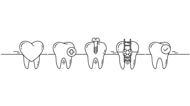Dental tooth silhouettes with icons of heart, medical cross, root canal, braces, and checked shield on a line