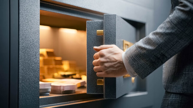 Person closing secure metal safe filled with cash money stacks and gold bars, wealth protection and financial security concept