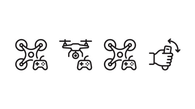 Drone quadcopter and gaming controller silhouette icons with VR headset style and circular technology shapes