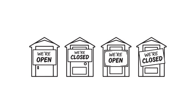 Shopfront silhouette icons with We're Open and We're Closed signs for business status communication featuring store front, storefront icon, door sign