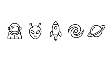 Space icon set with astronaut alien rocket flame and planet ring illustration in black line silhouette style © TAIFUR