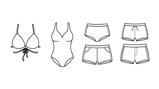 Swimwear outline set with bikini top, one-piece swimsuit, bikini briefs and beach shorts in clean black line art style