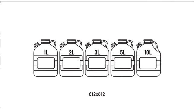 Fuel canister icon set with 1L, 2L, 3L, 5L and 10L labels, outline silhouette and empty placeholder screens