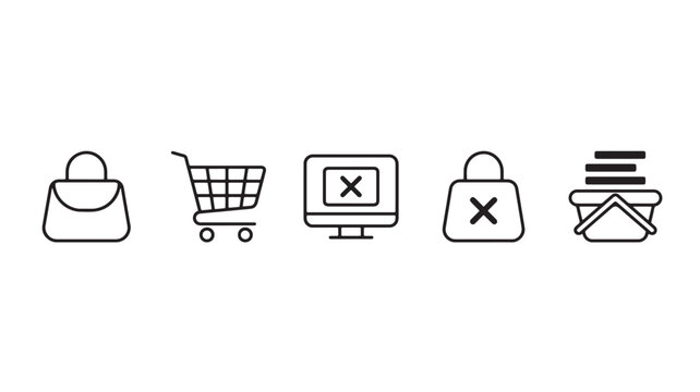 Shopping bag and cart checkout icon set with computer screen, error marks, and delivery envelope outline symbols