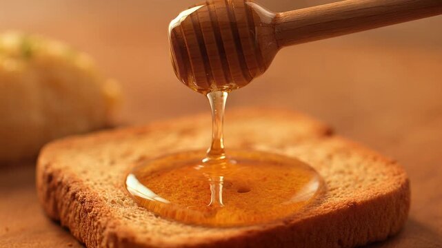 Golden Organic Honey Drizzling from Wooden Dipper onto Freshly Toasted Bread.
