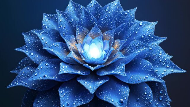Blue flower with water droplets highlighting geometric patterns and contemporary art