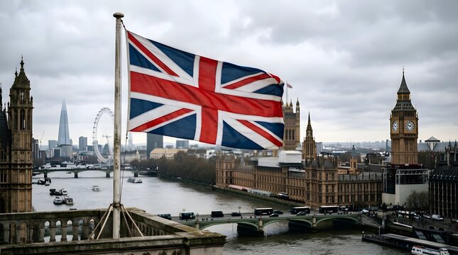 Union Jack flag waving over London skyline with Big Ben and River Thames