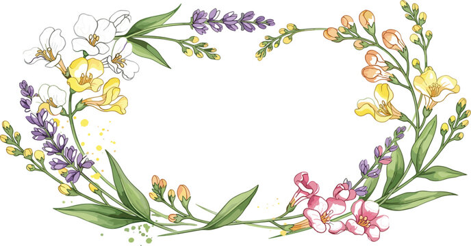 Watercolor Floral Wreath Frame with Lavender Freesia Blossoms and Green Leaves Elegant Botanical Border Design for Wedding Invitations