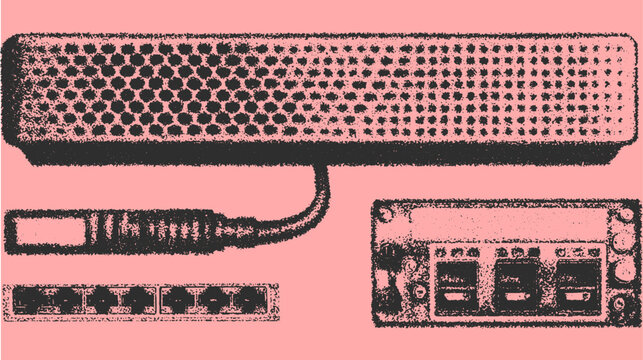 Illustration of device components, including connectors and ports. Simple and modern vector graphic design showcasing electronics in a clear layout.