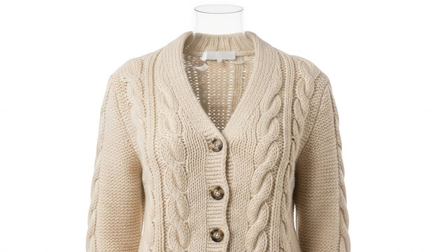 Beige cable knit cardigan sweater with a v-neckline and front button closure displayed on a mannequin against a black background