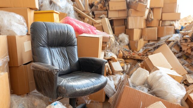 Messy room with piles of boxes and a black office chair in the middle