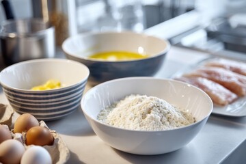 Fototapeta premium Home kitchen countertop scene with three mixing bowls: beaten eggs, breadcrumbs and flour arranged for breading station, raw fish fillets on plate beside
