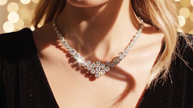 Woman wearing diamond necklace perfect for vlog intros and personal care commercials