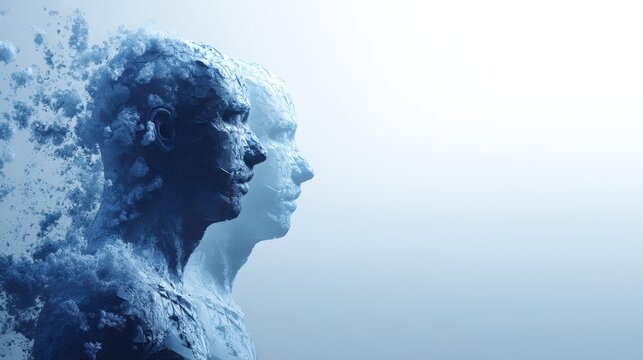 Two abstract human profiles, one dark and one light, composed of particles dispersing into the air against a gradient background, ai co-creator abstract background