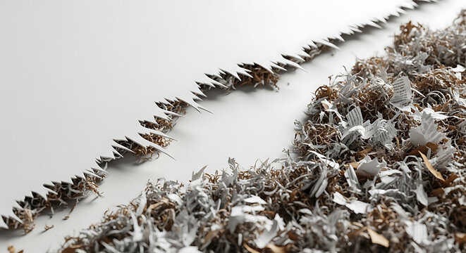 Abstract Concept of Paper Shredding with Jagged Edges and Piles of Shredded Documents