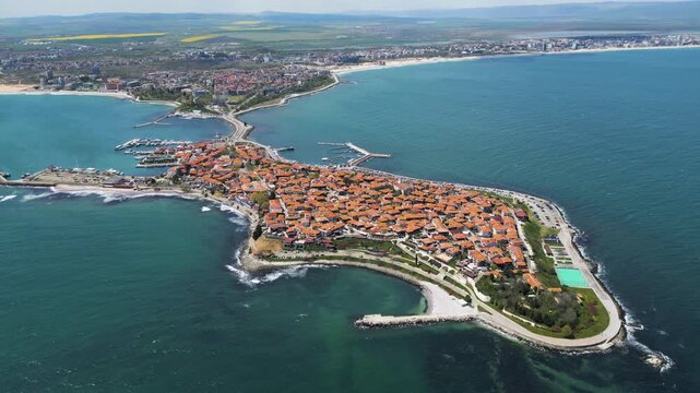 Aerial panoramic view of Old Town Nessebar on a peninsula in the Black Sea