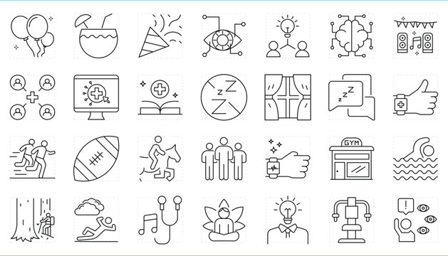 Activity related editable stroke line icons set.