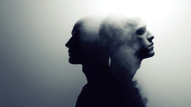 Silhouettes of two heads facing opposite directions, one solid and the other fading into smoke, duality and inner conflict, ai co-creator abstract background