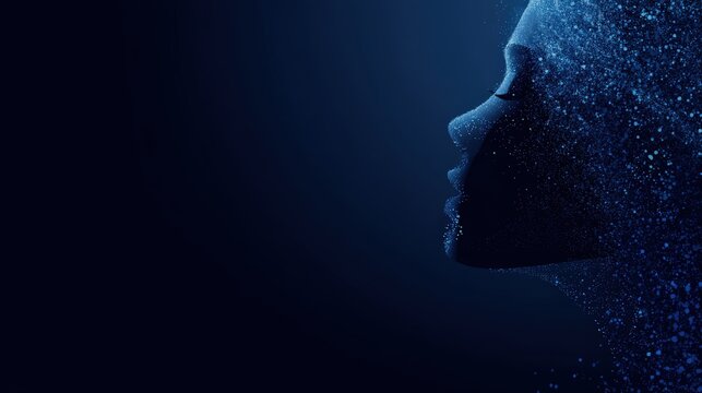 A digital profile of a human face composed of glowing blue particles, artificial intelligence and technology integration, ai co-creator abstract background