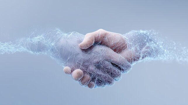 Two hands shaking, one solid and one digital, the fusion of human and technology in collaboration and trust, ai co-creator abstract background