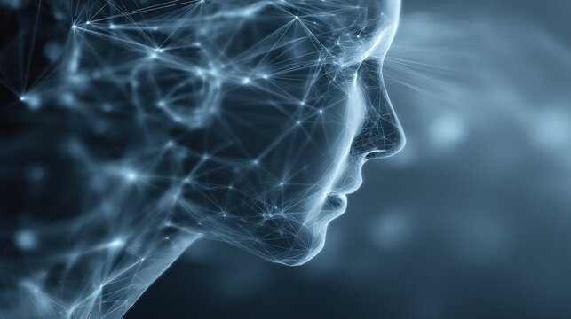 A digital wireframe of a human face composed of interconnected nodes and lines, technology and artificial intelligence, ai co-creator abstract background
