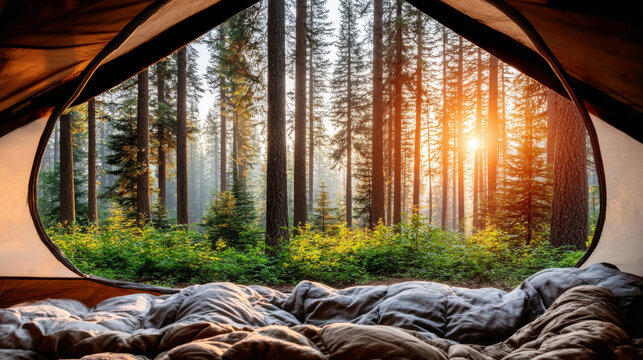  Enchanted idyllic woodland seen from inside cozy tent looking out at trees in outdoors nature camping background wrinkled fabric, messy sleeping bag vacation travel poster landscape outside door