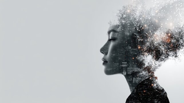 A side profile of a woman"s face merges with an abstract cityscape, blending human thought and urban environment in a surreal, artistic double exposure, ai co-creator abstract background
