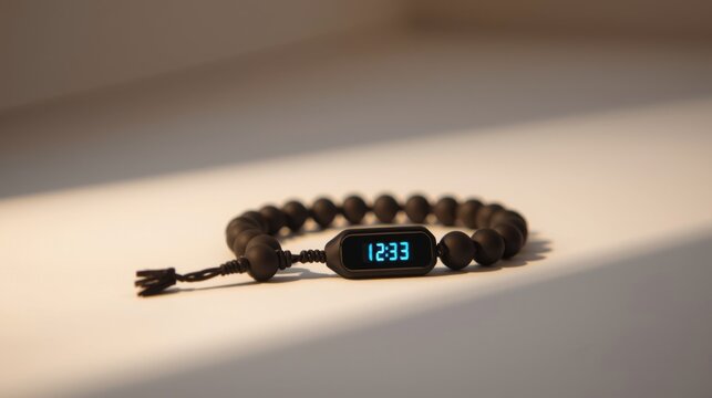 Modern smart prayer beads tasbih with digital display on white surface