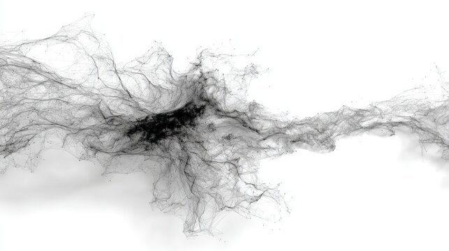 Abstract black ink-like lines and particles spread dynamically on a white background, resembling a fluid, organic network or smoke pattern, ai co-creator abstract background