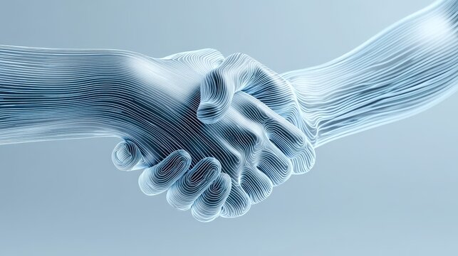 Two stylized hands made of blue and white horizontal lines engage in a firm handshake against a smooth gradient background, ai co-creator abstract background