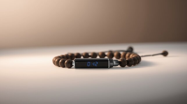 Modern smart prayer beads tasbih with digital counter on white surface