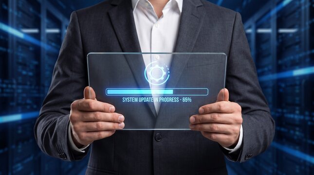 Businessman Holding Tablet Showing Software Update Progress in Data Center