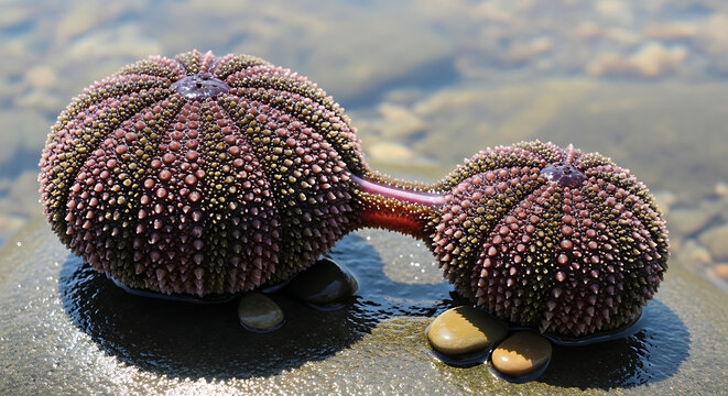 Close up of two purple sea urchins connected on a wet rock at the shore, marine life