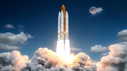 Fototapeta premium Astonishing Spacecraft Launches into the Clear Blue Sky with Stunning Vapor Trails and Clouds