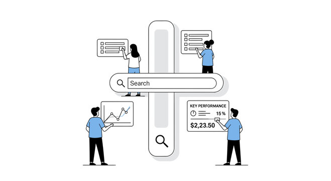 Vector search engine concept, people analyzing data, infographic elements, business intelligence, SEO optimization