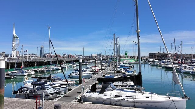 Gosport Hampshire England UK. 28.04.2026, Video. Gosport marina moorings with leisure craft stretching out to Portsmouth Harbour UK.