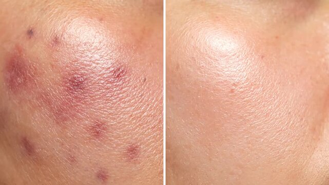 Skincare Transformation: Before And After Treatment Showcasing Acne Scars To Smooth Skin, Highlighting Skin Health And Beauty Solutions