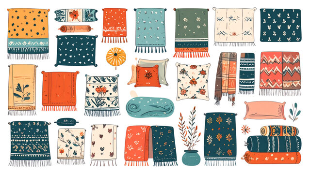 Collection of hand-drawn textile and bedding items for home decor and comfort
