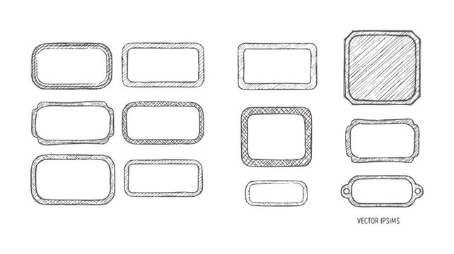 Hand drawn collection of varied rectangular and rounded frames with hatching border