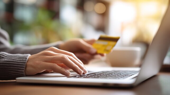 Hands using credit card with laptop online