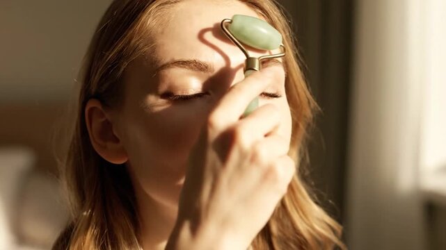 Woman Enjoying a Relaxing Jade Roller Facial Skincare Routine in Natural Sunlight
