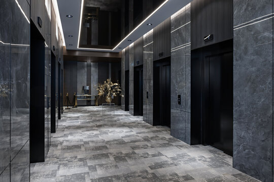 Modern hotel hallway interior with elevators