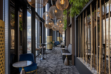 Modern high-rise lounge interior with panoramic city view, stylish seating, and decorative lighting © rilueda