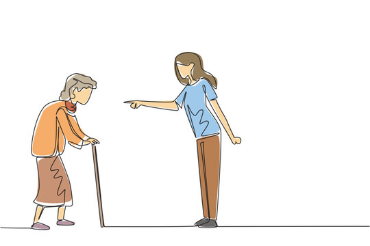 Single line drawing of an angry young woman shouting at a standing elderly lady with cane. Domestic conflict concept is great fit for World Elder Abuse Awareness Day advertising and online article