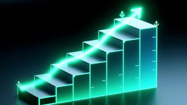 Conceptual 3D illustration of Minimal Financial Growth on glowing stair steps visualizing business progression and analytical performance against dark digital backdrop