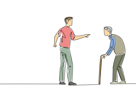 Continuous line drawing of an angry young man scolding sad standing hunched elderly man with wooden cane. Social problem concept is perfectly ideal for World Elder Abuse Awareness Day web articles