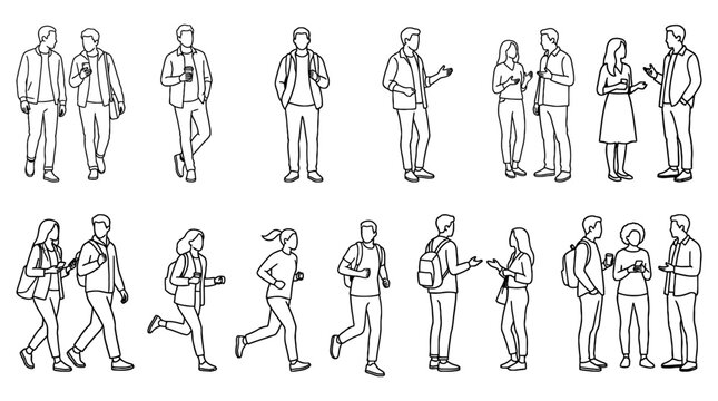 People line art silhouettes walking and standing in various poses | Architectural entourage for cad drawing and site plan visualization | Vector set